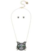 Betsey Johnson Two-tone Crystal Cat Pendant Necklace & Stud Earrings
