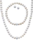 Sterling Silver Jewelry Set, Cultured Freshwater Pearl (7-7-1/2mm) And Crystal (8mm) Necklace, Bracelet And Earrings Set