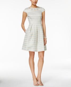 Vince Camuto Cap-sleeve Embellished Stripe Jacquard Fit & Flare Dress
