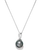 Cultured Tahitian Black Pearl (9mm) And Diamond (1/10 Ct. T.w.) Swirl Pendant Necklace In 14k White Gold