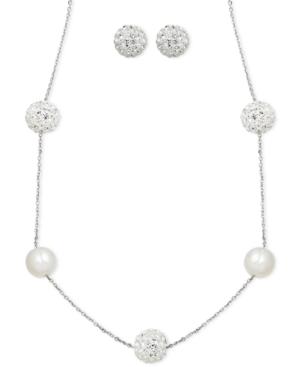 Honora Style Cultured Freshwater Pearl (7mm) And Crystal Stud & Necklace Set In Sterling Silver
