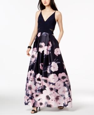 Xscape Illusion-inset Solid & Floral-print Gown