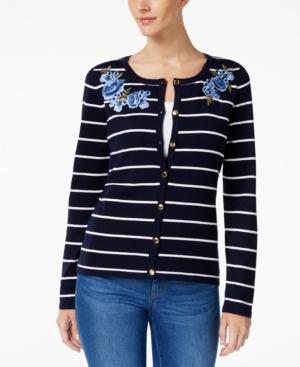 Karen Scott Floral-patch Striped Cardigan, Created For Macy's