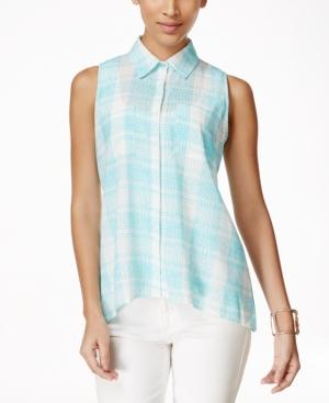 Ny Collection Petite Sleeveless Windowpane-print Shirt