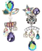 Betsey Johnson Two-tone Tiger Crystal Stone & Imitation Pearl Cluster Mismatch Earrings