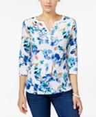 Karen Scott Petite Floral-print Henley Top, Only At Macy's