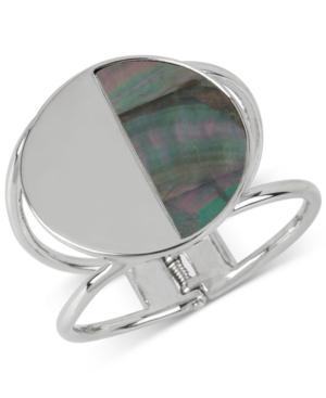 Kenneth Cole New York Silver-tone Black Mother Of Pearl Circle Hinged Bangle Bracelet