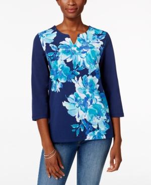 Alfred Dunner Floral-print Split-neck Top