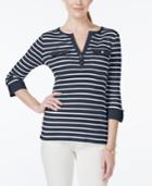 Charter Club Striped Roll-tab-sleeve Henley Top, Only At Macy's