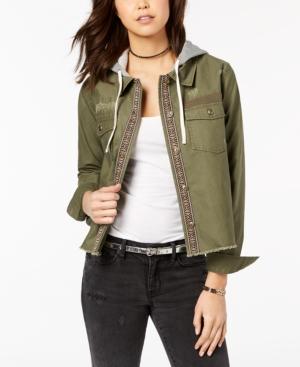 Hippie Rose Juniors' Cotton Layered-look Embroidered Hoodie Jacket