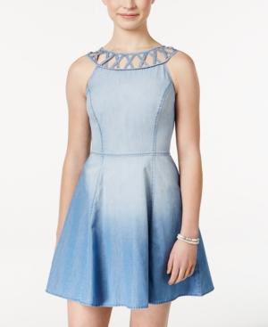 As U Wish Juniors' Lattice-neck Denim Fit & Flare Dress
