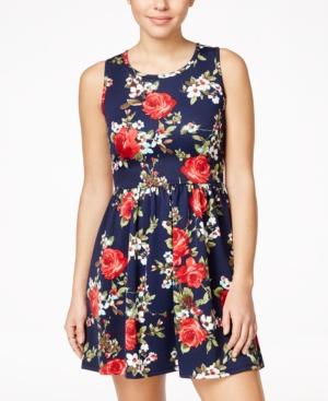 Crystal Doll Juniors' Floral-print Bow-back Fit & Flare Dress