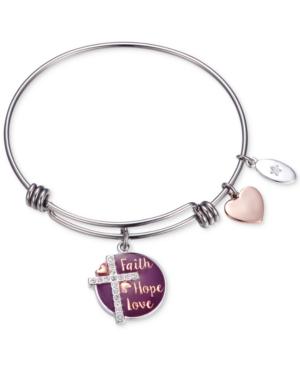 Unwritten Purple Enamel Faith Hope Love Crystal Cross Charm Adjustable Bangle Bracelet In Two-tone Stainless Steel