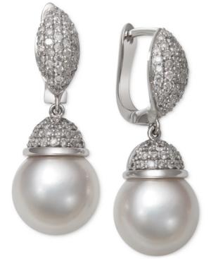 Cultured South Sea White Pearl (9mm) And Diamond (5/8 Ct. T.w.) Earrings In 14k White Gold