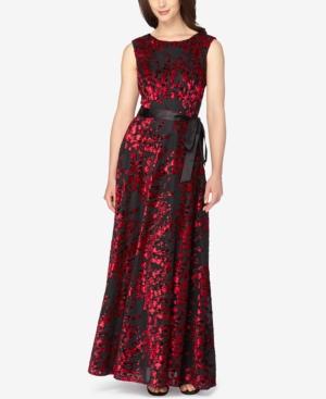 Tahari Asl Velvet Flocked Belted Gown
