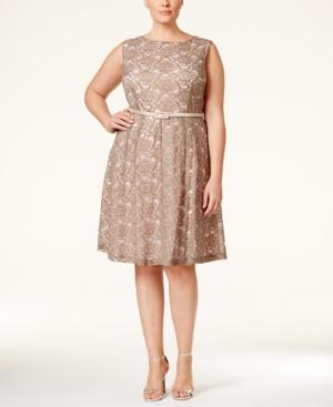 Connected Plus Size Floral-lace Belted Fit & Flare Dress
