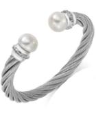 Stainless Steel Cultured Freshwater Pearl (12mm) And White Topaz (5/8 Ct. T.w.) Bangle Bracelet