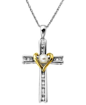 14k Gold And Sterling Silver Necklace, Cultured Freshwater Pearl And Diamond Accent Cross Pendant