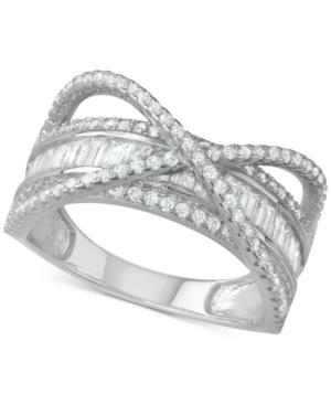Cubic Zirconia Baguette Crossover Statement Ring In Sterling Silver