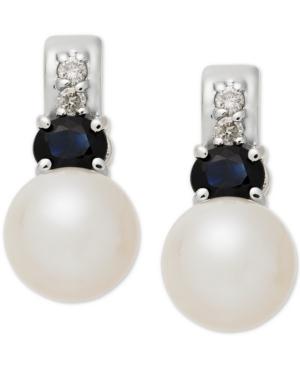 Cultured Freshwater Pearl (6-1/2mm), Sapphire (5/8 Ct. T.w.) & Diamond Accent Stud Earrings In 14k White Gold