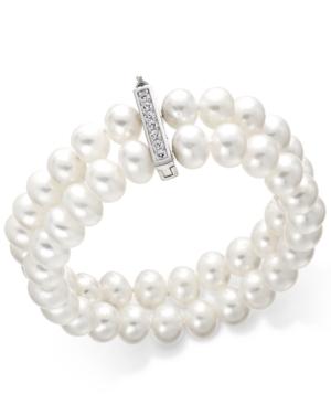 Cultured Freshwater Pearl (8-1/2 Mm) And Cubic Zirconia Two-row Bracelet In Sterling Silver