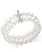 Cultured Freshwater Pearl (8-1/2 Mm) And Cubic Zirconia Two-row Bracelet In Sterling Silver