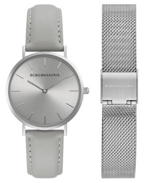 Bcbg Maxazria Ladies Watch Box Set With Grey Leather Strap And Silver Mesh Bracelet, 36mm