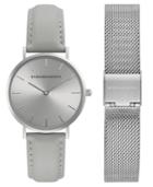 Bcbg Maxazria Ladies Watch Box Set With Grey Leather Strap And Silver Mesh Bracelet, 36mm