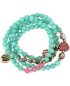 Betsey Johnson Gold-tone Blue And Pink Beaded Pave Heart And Fireball Stretch Wrap Bracelet