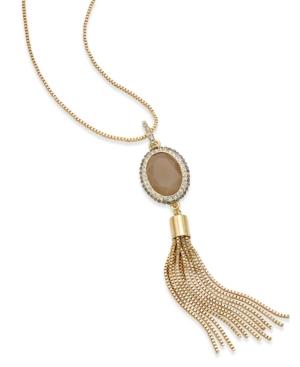 Inc International Concepts Gold-tone Brown Stone And Crystal Tassel Pendant Necklace, Only At Macy's