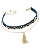 Inc International Concepts Gold-tone Denim And Tassel Layered Choker Pendant Necklace, Only At Macy's