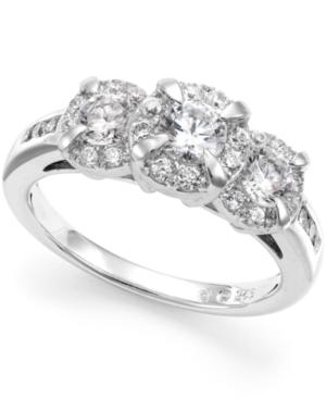 Diamond Three-stone Halo Ring (1 Ct. T.w.) In 14k White Gold