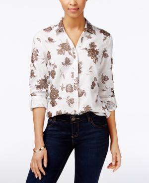 Charter Club Linen Metallic Floral-print Shirt, Only At Macy's