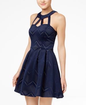 Crystal Doll Juniors' Laser-cutout Halter Fit & Flare Dress