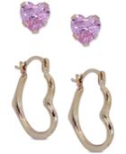 2-pc. Set Cubic Zirconia Heart Stud & Polished Heart Hoop Earrings In 10k Gold