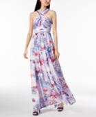 Calvin Klein Floral Chiffon Crisscross Halter Gown