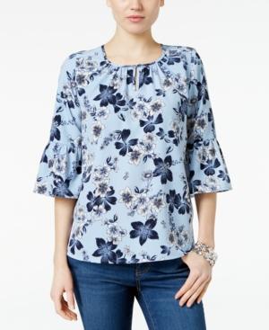 Charter Club Floral-print Ruffle-sleeve Top, Only At Macy's