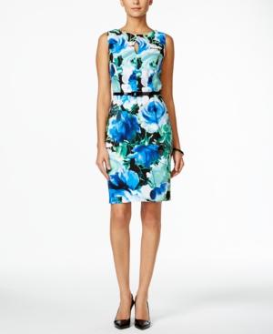 Connected Belted Sleeveless Floral-print Sheath Dress