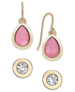 Charter Club Gold-tone Pink Drop Earrings And Crystal Stud Earrings