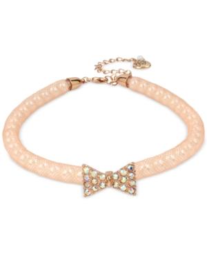 Betsey Johnson Rose Gold-tone Pave Bow And Pink Mesh Choker Necklace