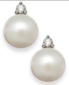 Akoyo Pearl (8mm) And Diamond Accent Stud Earrings In 14 White Gold