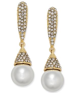 Inc International Concepts Gold-tone Imitation Pearl And Pave Drop Earrings, Only At Macy's