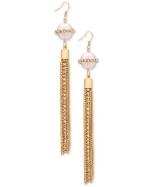 Guess Gold-tone Pave And Imitation Pearl Fringe Drop Earrings
