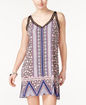 City Studios Juniors' Printed Crocheted-trim Shift Dress