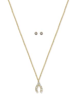 Kitsch Gold-tone Crystal Wishbone Pendant Necklace & Stud Earrings