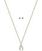Kitsch Gold-tone Crystal Wishbone Pendant Necklace & Stud Earrings