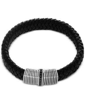 Effy Men's Black Sapphire (1/3 Ct. T.w.) Black Leather Woven Bracelet In Sterling Silver