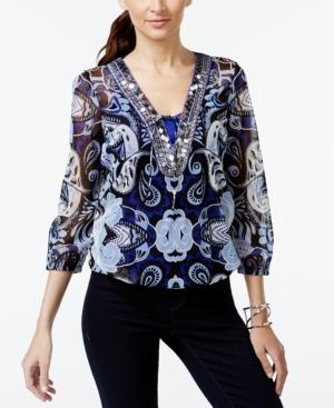Inc International Concepts Embellished Printed Peasant Blouse, Only At Macy's