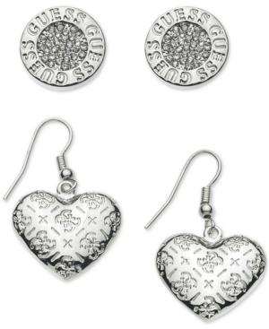 Guess Silver-tone 2-pc. Logo Disc And Heart Earrings