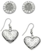 Guess Silver-tone 2-pc. Logo Disc And Heart Earrings